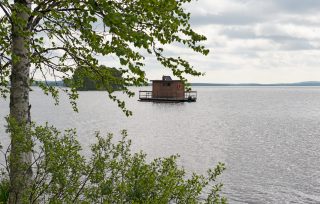 Saunalautta seilaa Suininkijärvellä. Taustalla Ruumissaari ja Latosaarija. Etualalla koivu ja pensaat.